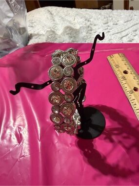 Crystal-studded Silver Stretch Bracelet w Round Jewels, Vintage Costume jewelry